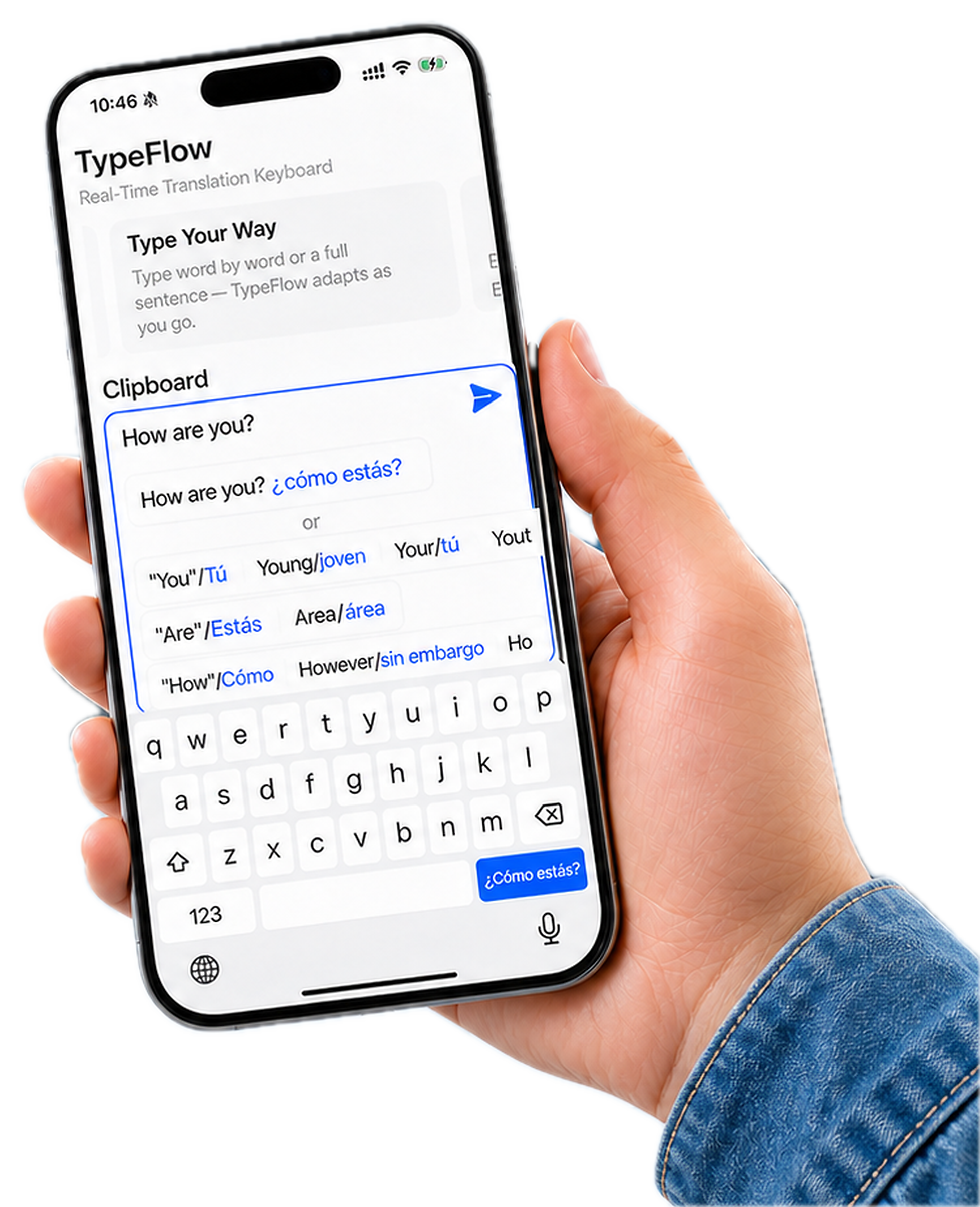 TypeFlow running on an iPhone keyboard in a real messaging context